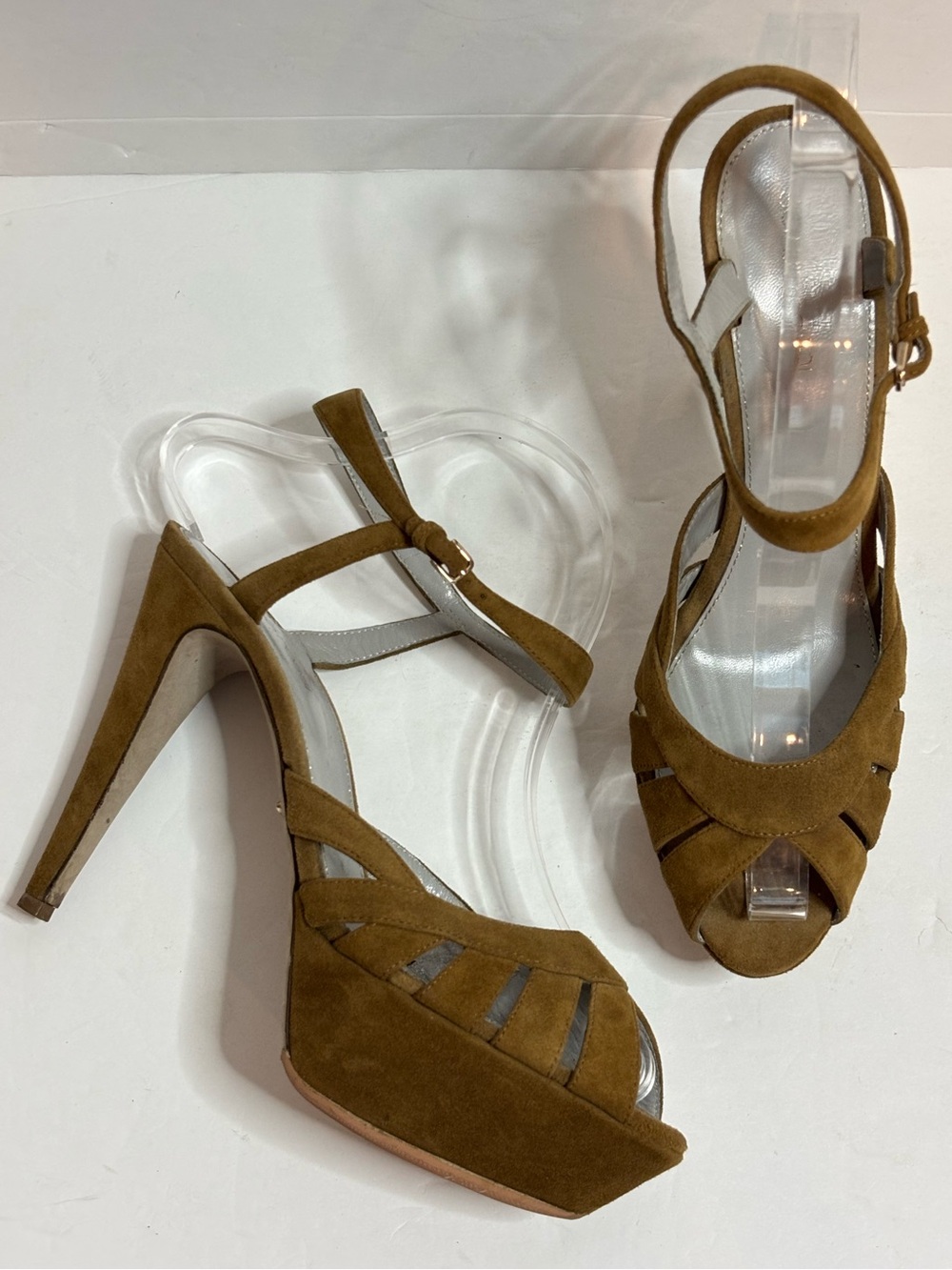 Sergio Rossi Olive Green Suede Caged Platform Ankle Strap Stiletto Heel Sandal